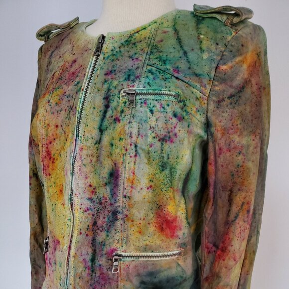 Biker leather moto jacket pink purple blue green yellow graffiti dyed rainbow M